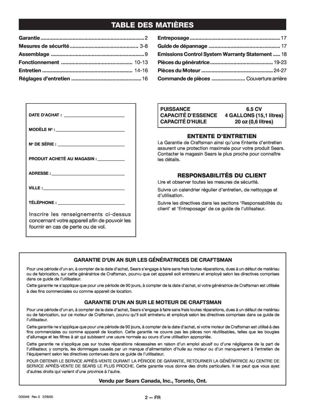 Craftsman D20346 Table Des Matières, Entente D’Entretien, Responsabilités Du Client, 10-13, 14-16, 19-23, 24-27, Puissance 