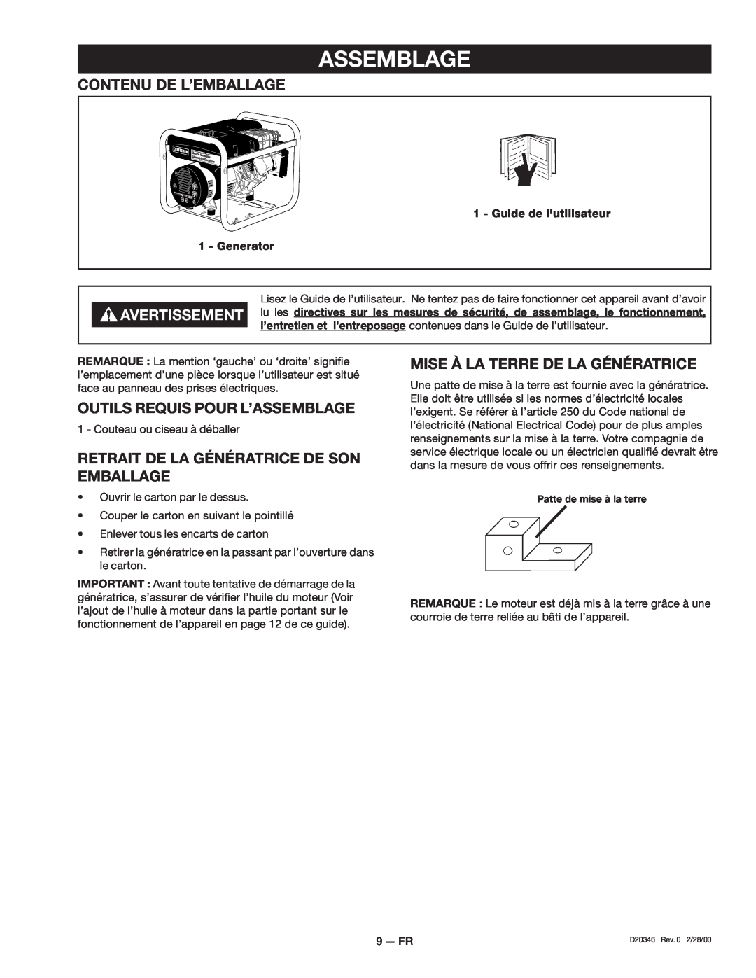 Craftsman 919.670031, D20346 owner manual Contenu De L’Emballage, Avertissement, Outils Requis Pour L’Assemblage 