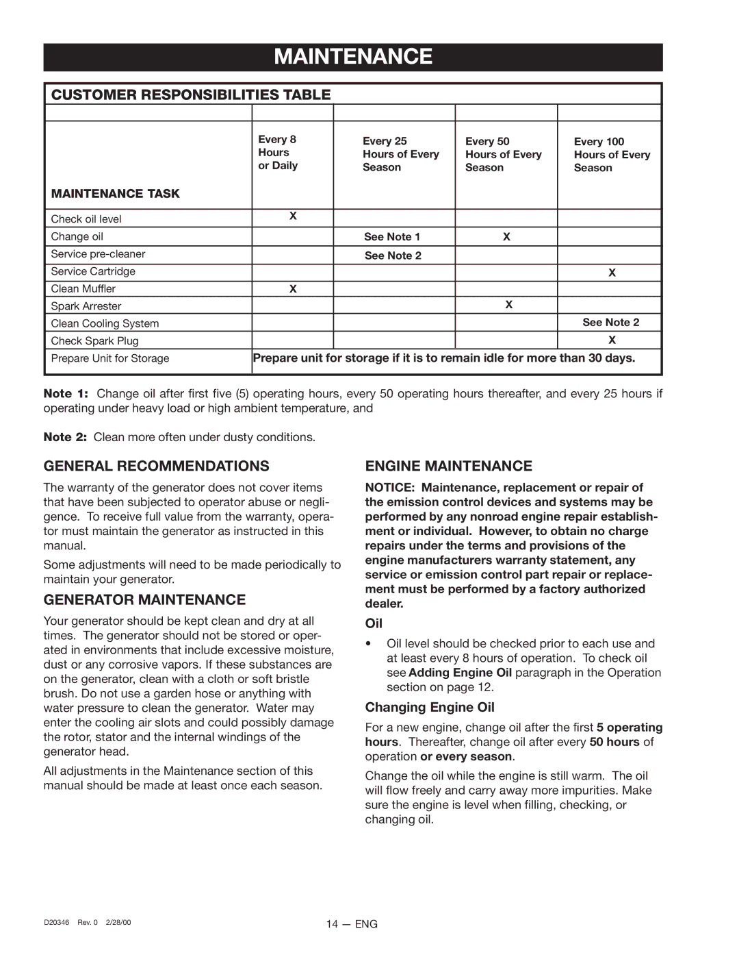 Craftsman 919.670031, D20346 Customer Responsibilities Table, General Recommendations, Generator Maintenance 