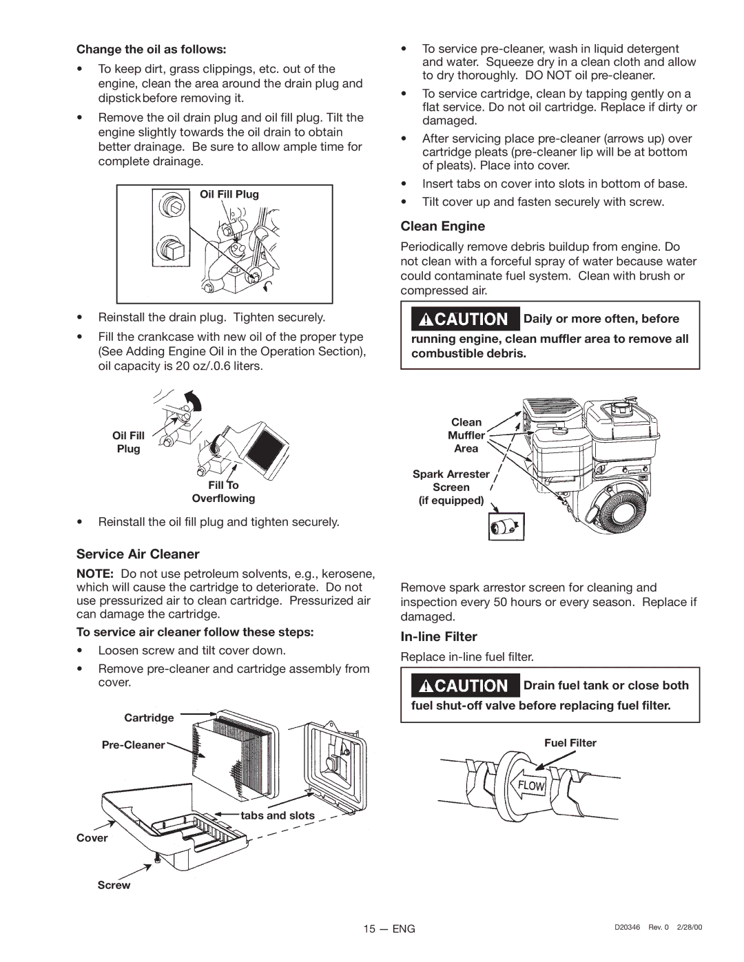 Craftsman D20346, 919.670031 owner manual Clean Engine, Service Air Cleaner, In-line Filter 