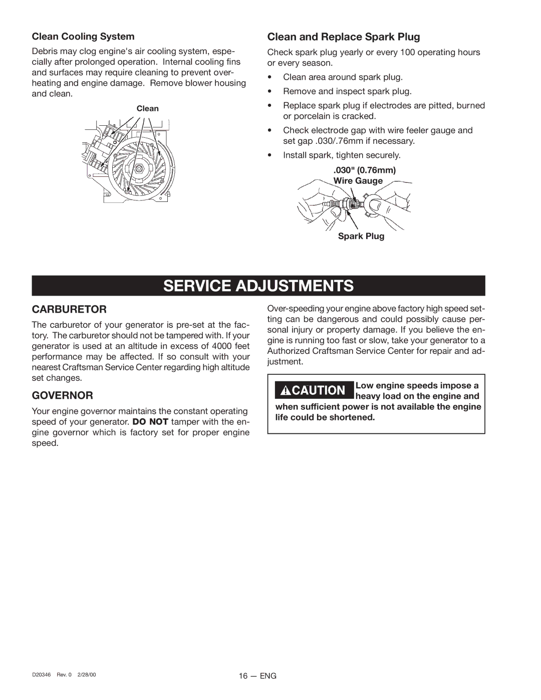 Craftsman 919.670031, D20346 Service Adjustments, Clean and Replace Spark Plug, Carburetor, Governor, Clean Cooling System 