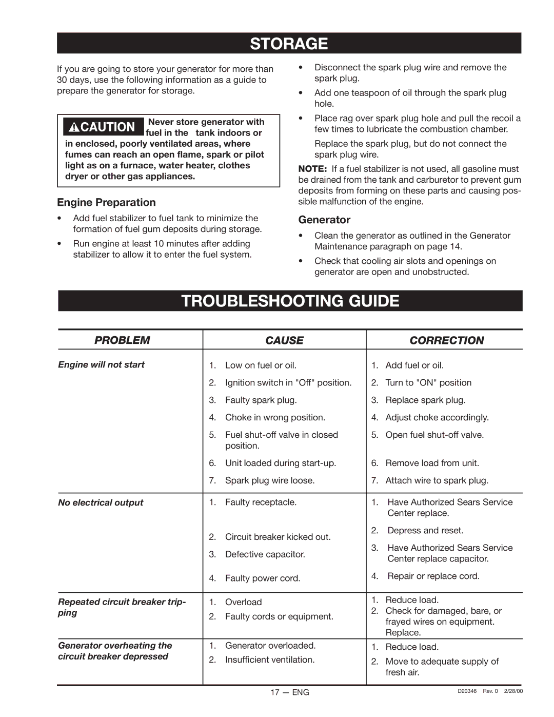 Craftsman D20346, 919.670031 owner manual Storage, Troubleshootingeshootingguideguide, Engine Preparation, Generator 