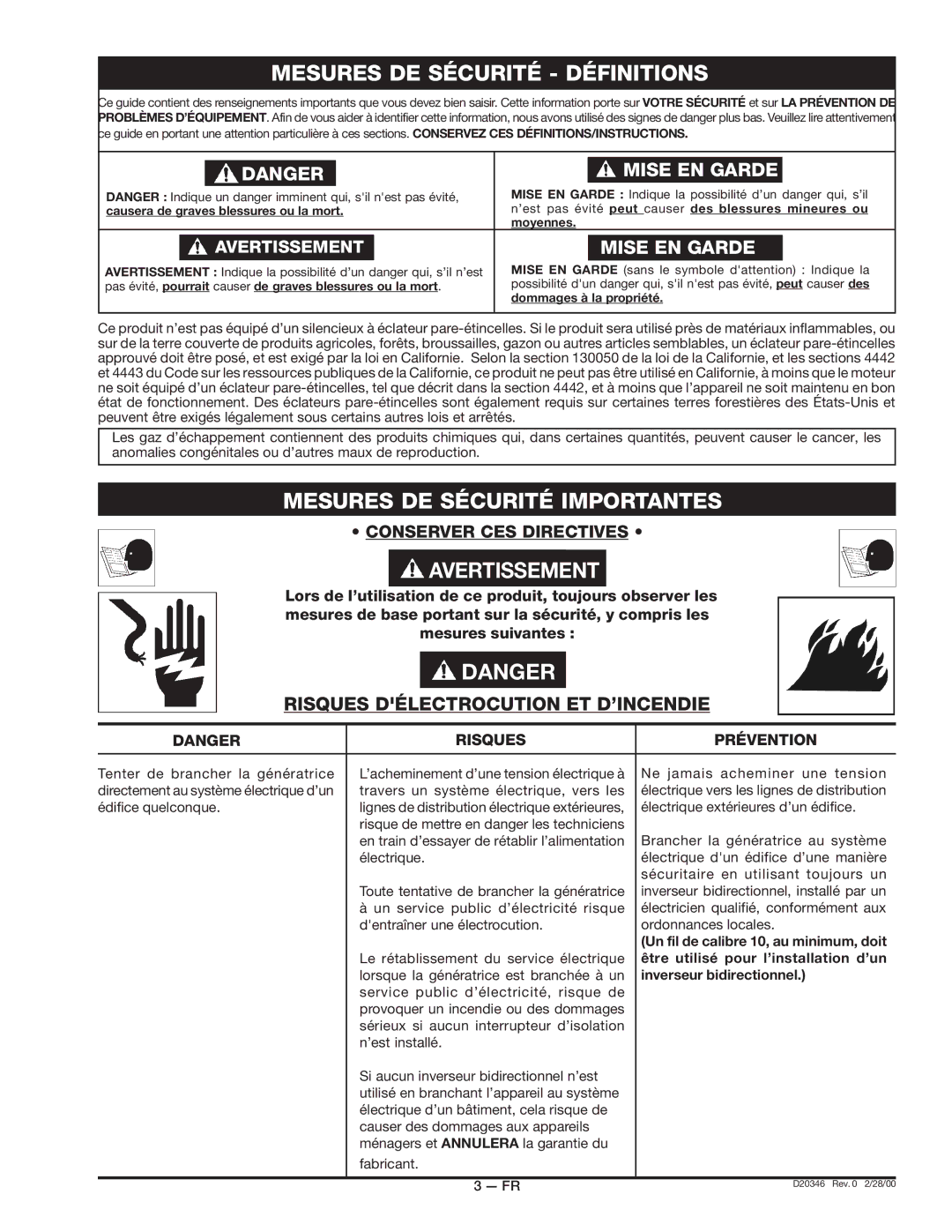 Craftsman 919.670031 Risques Délectrocution ET D’INCENDIE, Risques Prévention, Un fil de calibre 10, au minimum, doit 