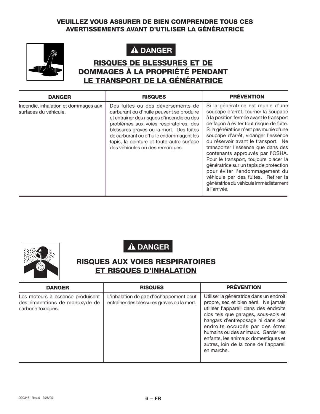 Craftsman D20346, 919.670031 owner manual Les moteurs à essence produisent 