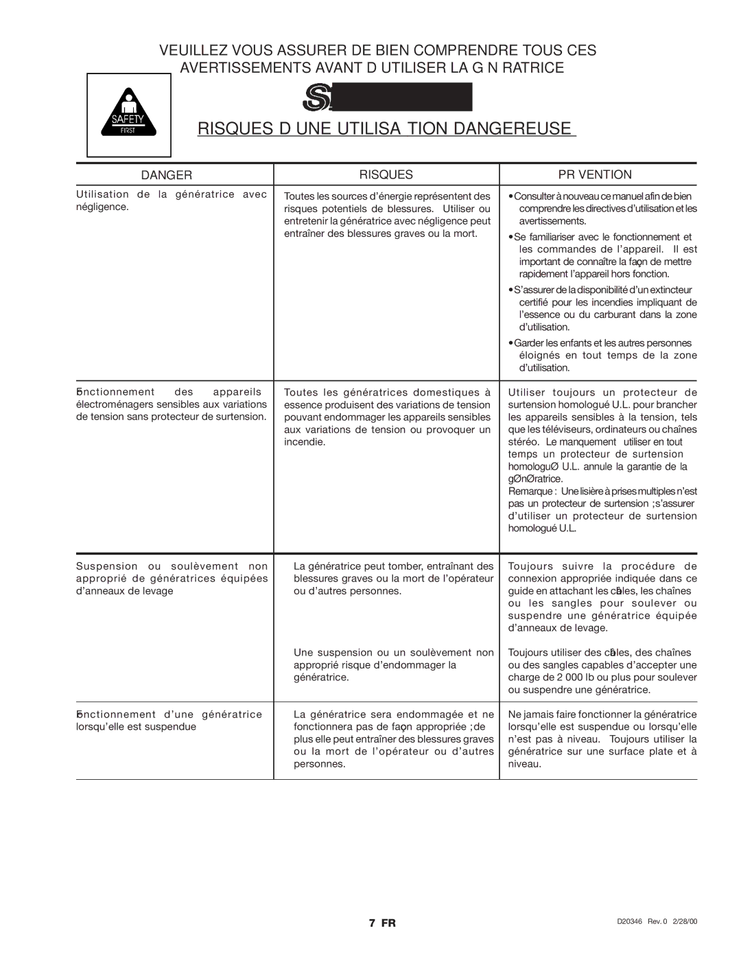 Craftsman 919.670031, D20346 owner manual Risques D’UNE Utilisation Dangereuse, Génératrice 