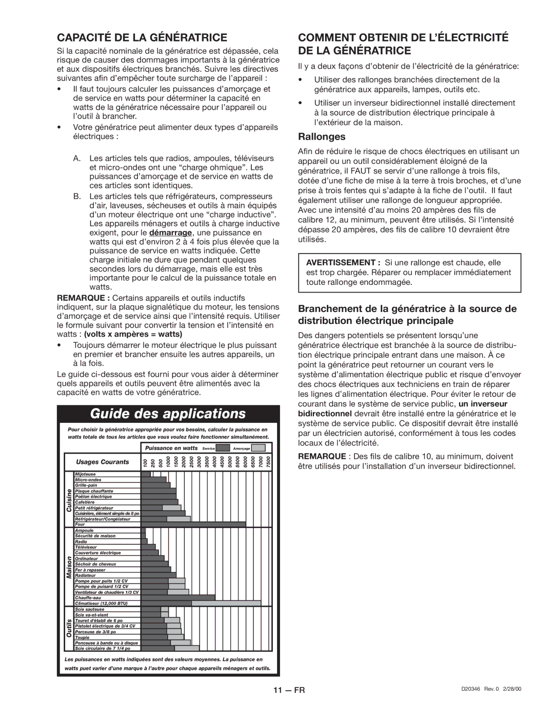 Craftsman 919.670031, D20346 Capacité DE LA Génératrice, Comment Obtenir DE L’ÉLECTRICITÉ DE LA Génératrice, Rallonges 