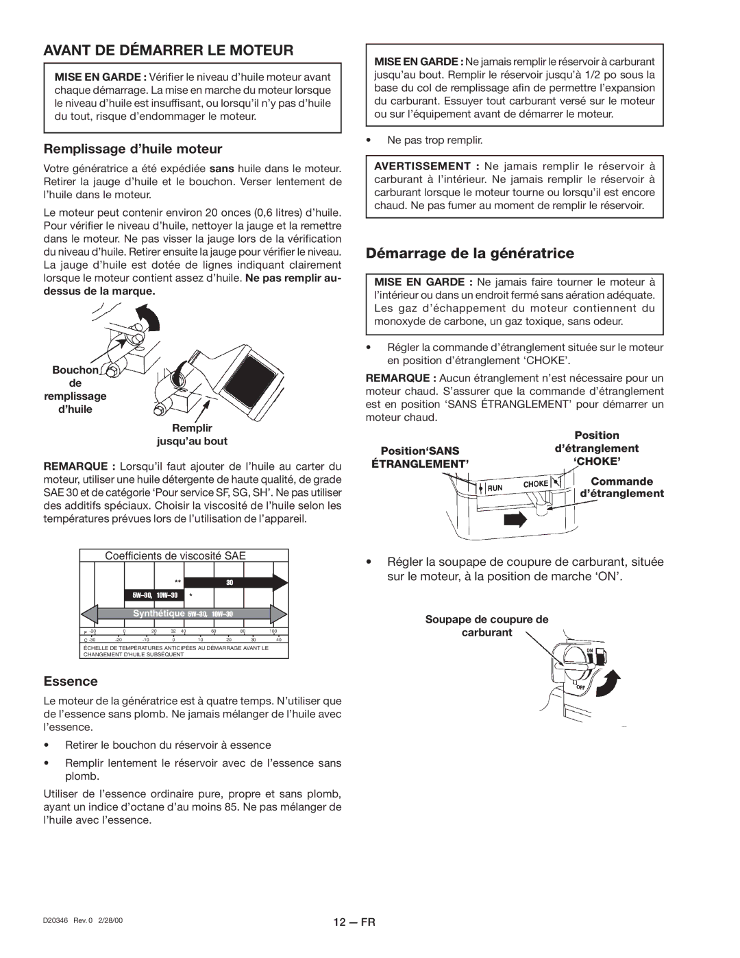 Craftsman D20346, 919.670031 Avant DE Démarrer LE Moteur, Démarrage de la génératrice, Remplissage d’huile moteur, Essence 