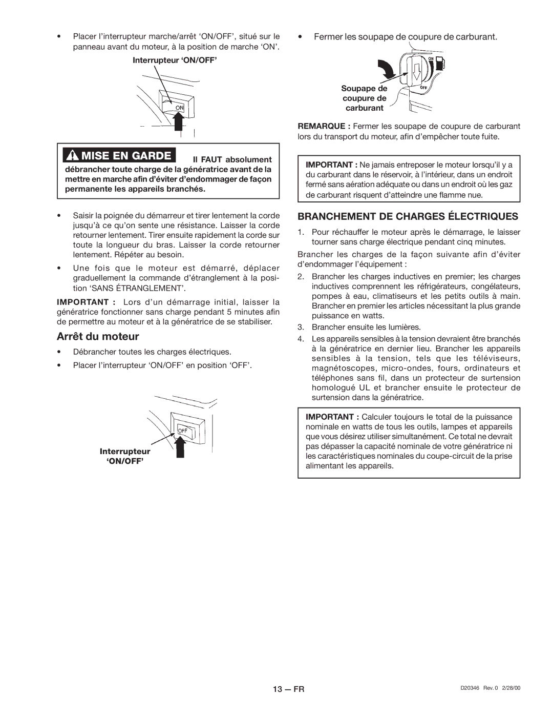 Craftsman 919.670031, D20346 owner manual Arrêt du moteur, Interrupteur 