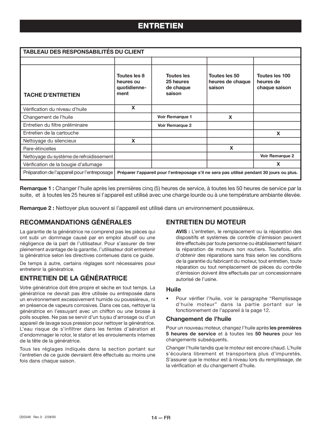 Craftsman D20346 Recommandations Générales, Entretien DE LA Génératrice, Entretien DU Moteur, Huile, Changement de l’huile 