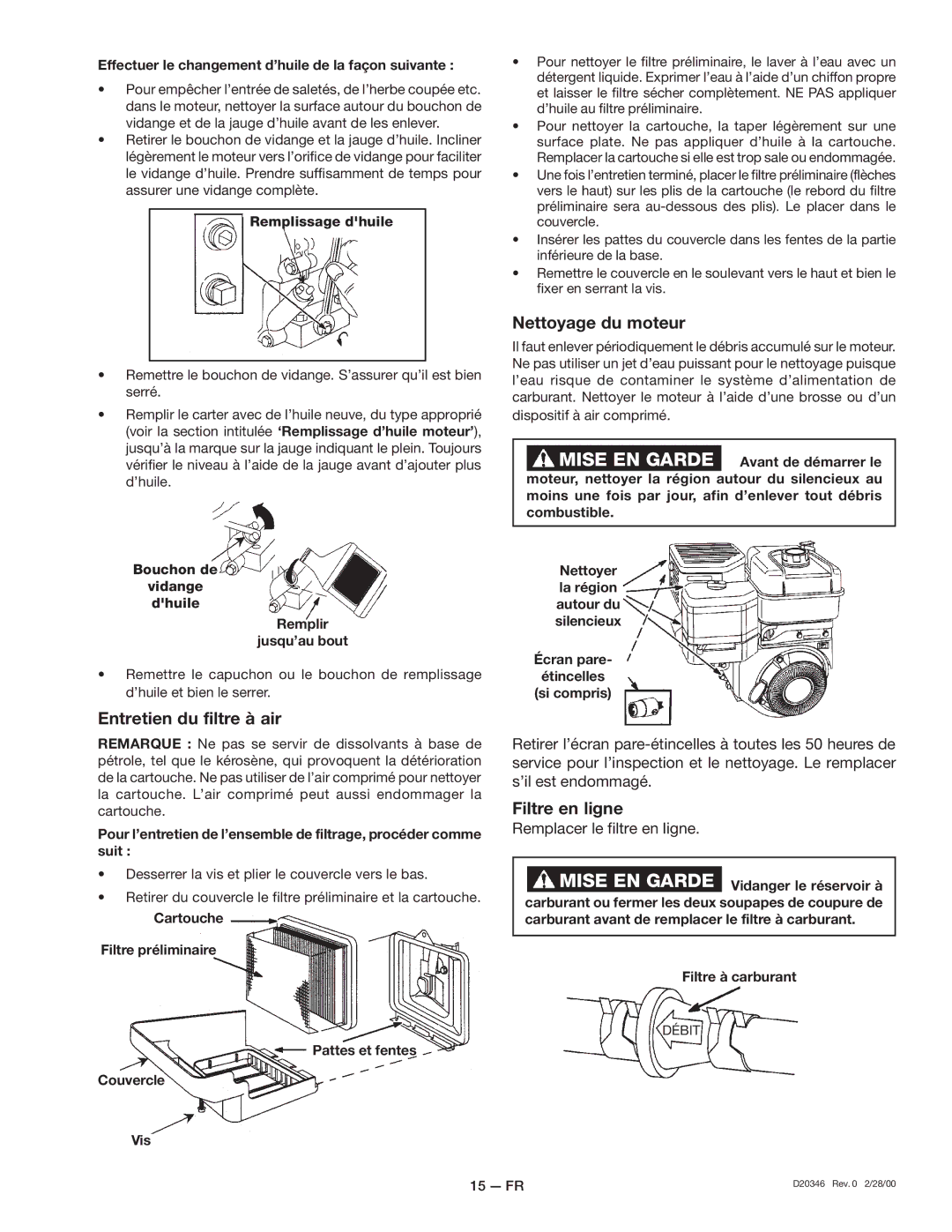 Craftsman 919.670031, D20346 owner manual Entretien du filtre à air, Nettoyage du moteur, Filtre en ligne 