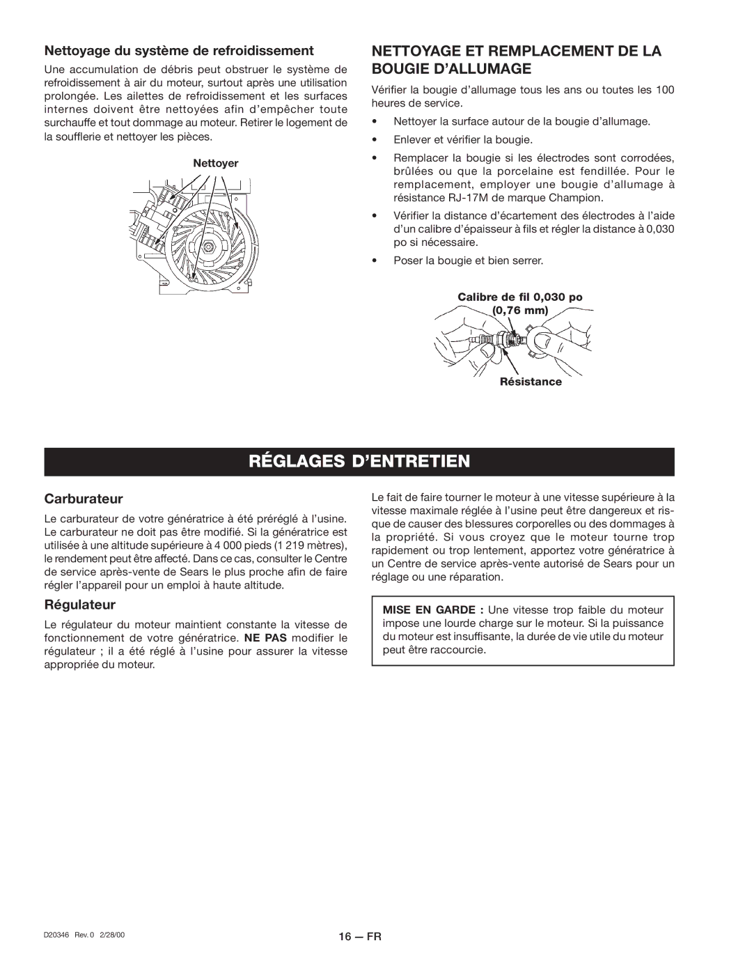 Craftsman D20346 Nettoyage ET Remplacement DE LA Bougie D’ALLUMAGE, Nettoyage du système de refroidissement, Carburateur 