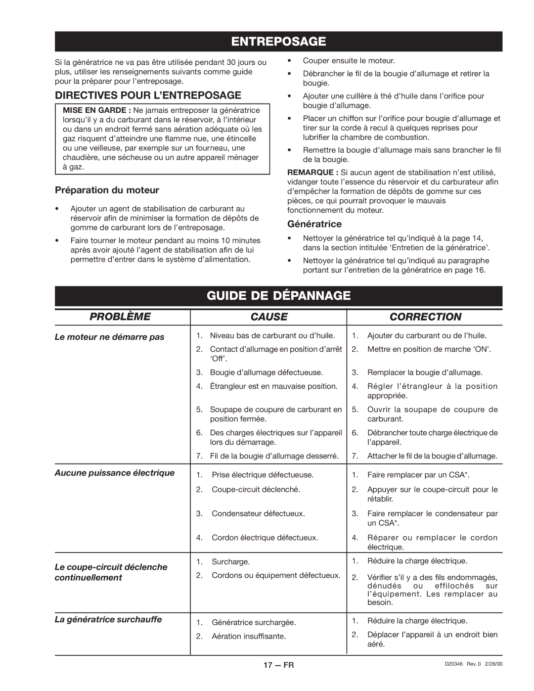 Craftsman 919.670031, D20346 owner manual Directives Pour L’ENTREPOSAGE, Préparation du moteur, Génératrice 