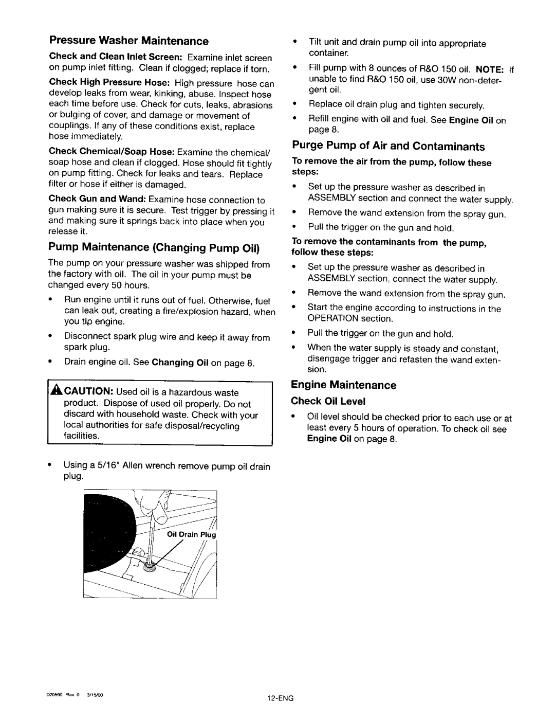 Craftsman 919.67028 owner manual Pressure Washer Maintenance, Pump Maintenance Changing Pump Oil, Engine Maintenance, Steps 