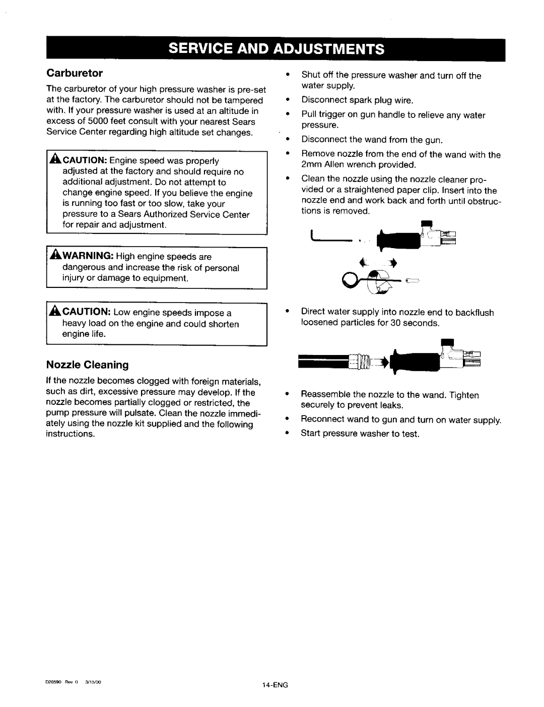 Craftsman 919.67028 owner manual Carburetor, Nozzle Cleaning 