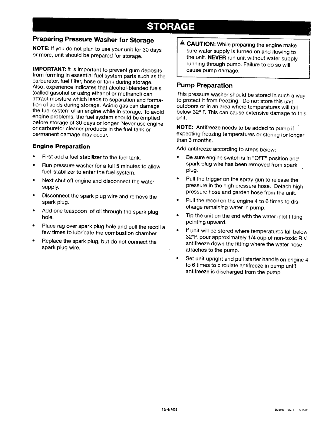 Craftsman 919.67028 owner manual Pump Preparation, Preparing Pressure Washer for Storage, Engine Preparation 