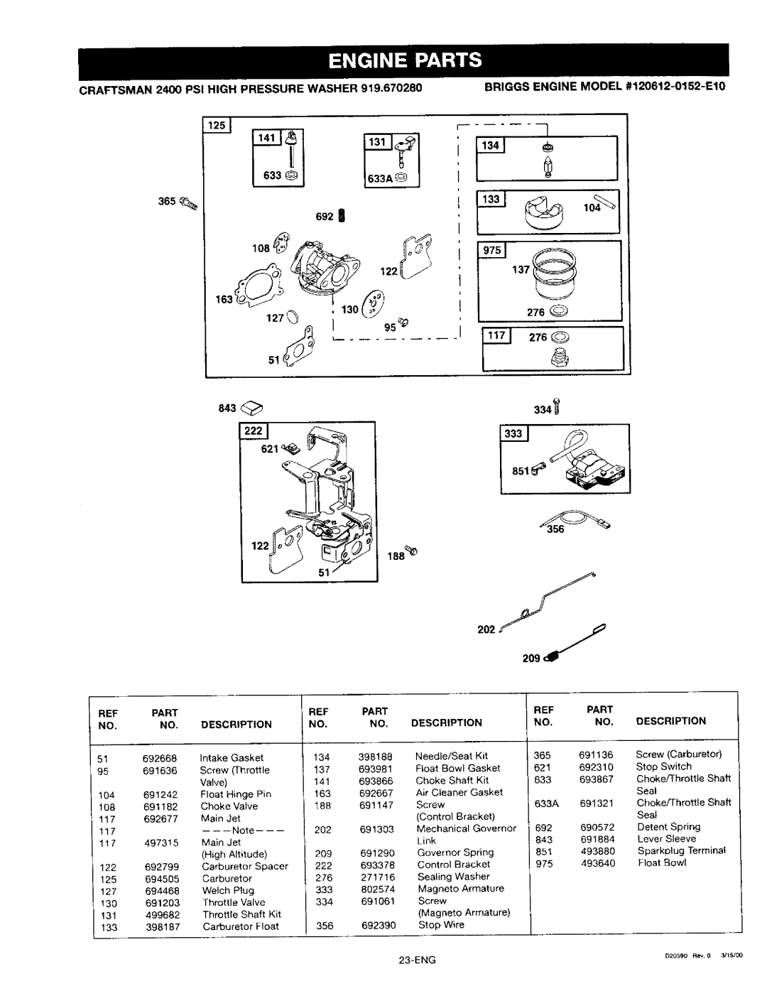 Craftsman 919.67028 owner manual 692 JR 122U 276, Intake Gasket 