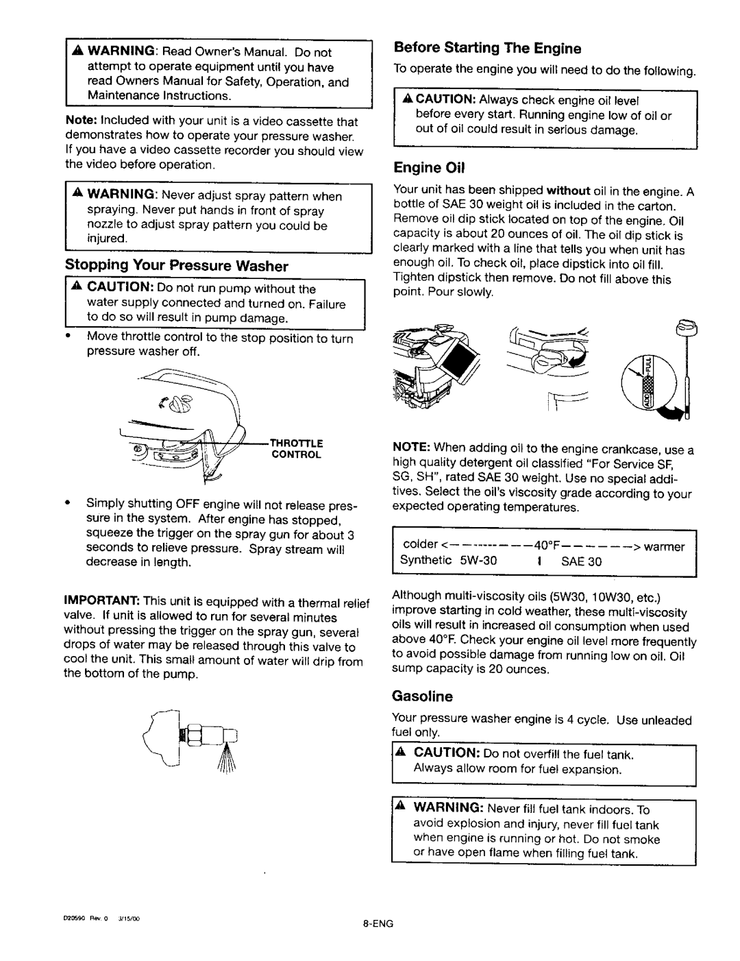 Craftsman 919.67028 owner manual Engine Oil, Stopping Your Pressure Washer, Gasoline, Arning 