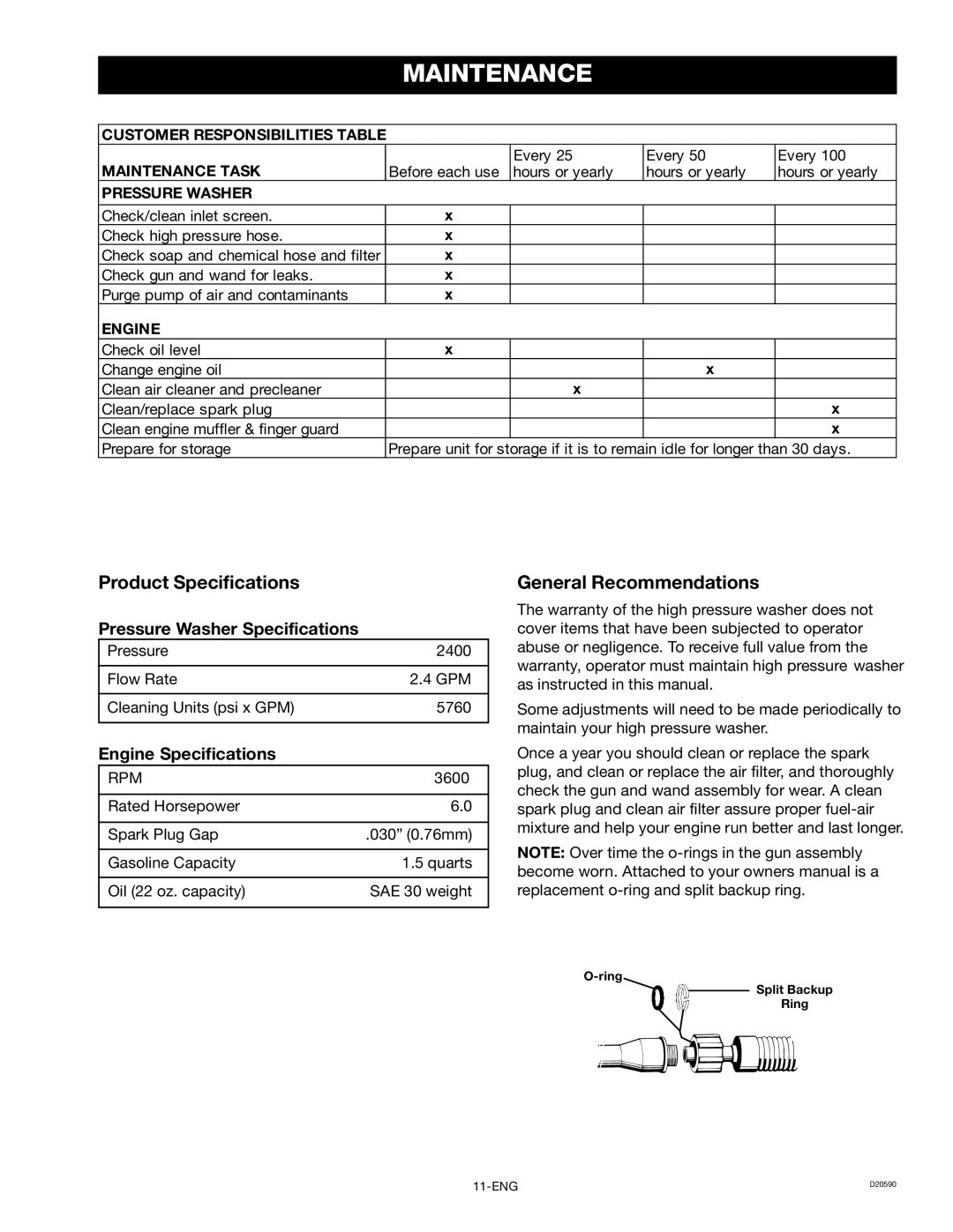 Craftsman D20590, 919.670280 owner manual Maintenance, Product Specifications, General Recommendations 