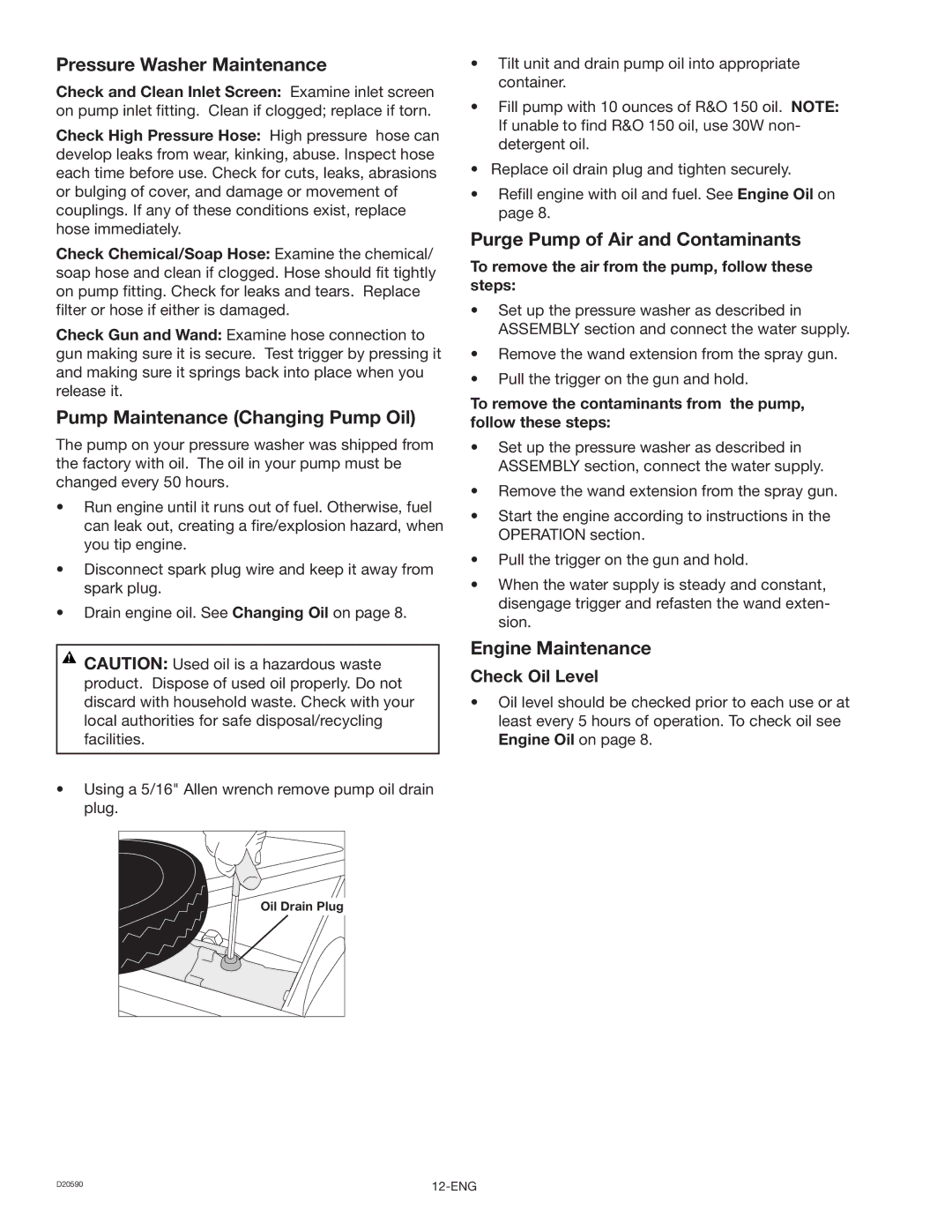 Craftsman 919.670280 Pressure Washer Maintenance, Pump Maintenance Changing Pump Oil, Purge Pump of Air and Contaminants 