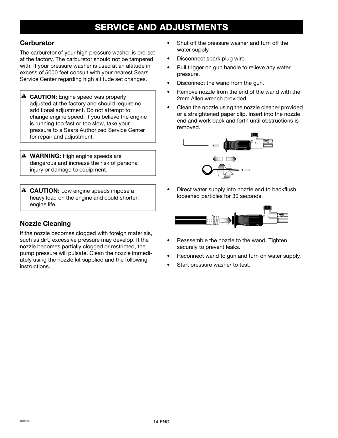 Craftsman 919.670280, D20590 owner manual Service and Adjustments, Carburetor, Nozzle Cleaning 