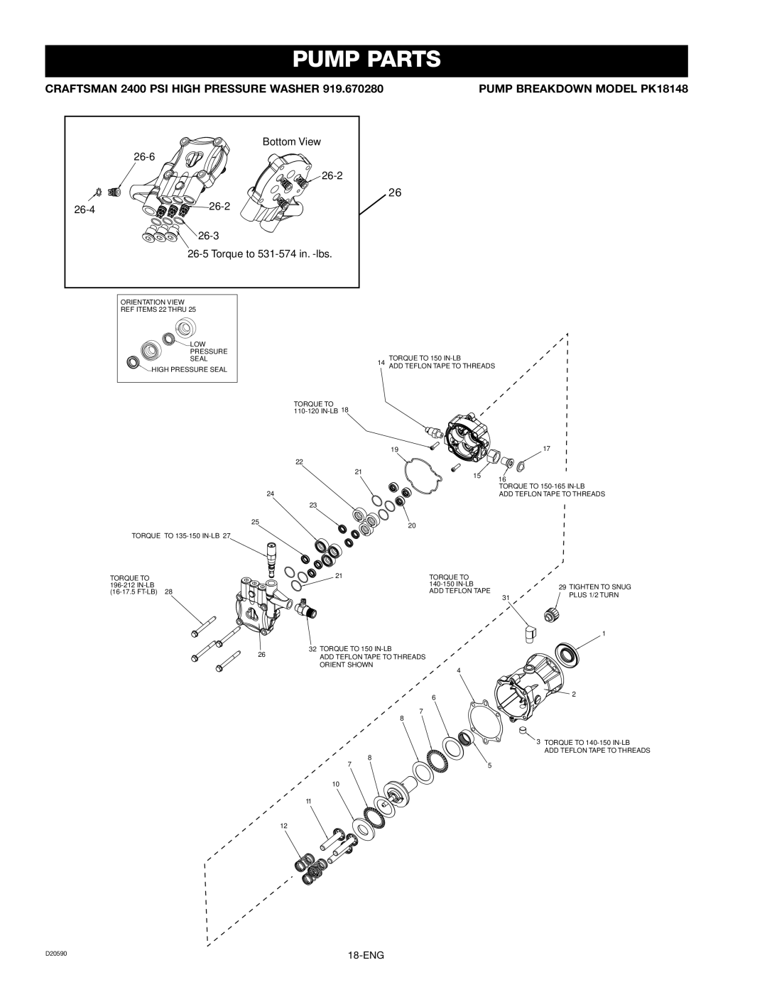 Craftsman 919.670280, D20590 owner manual Pump Parts 