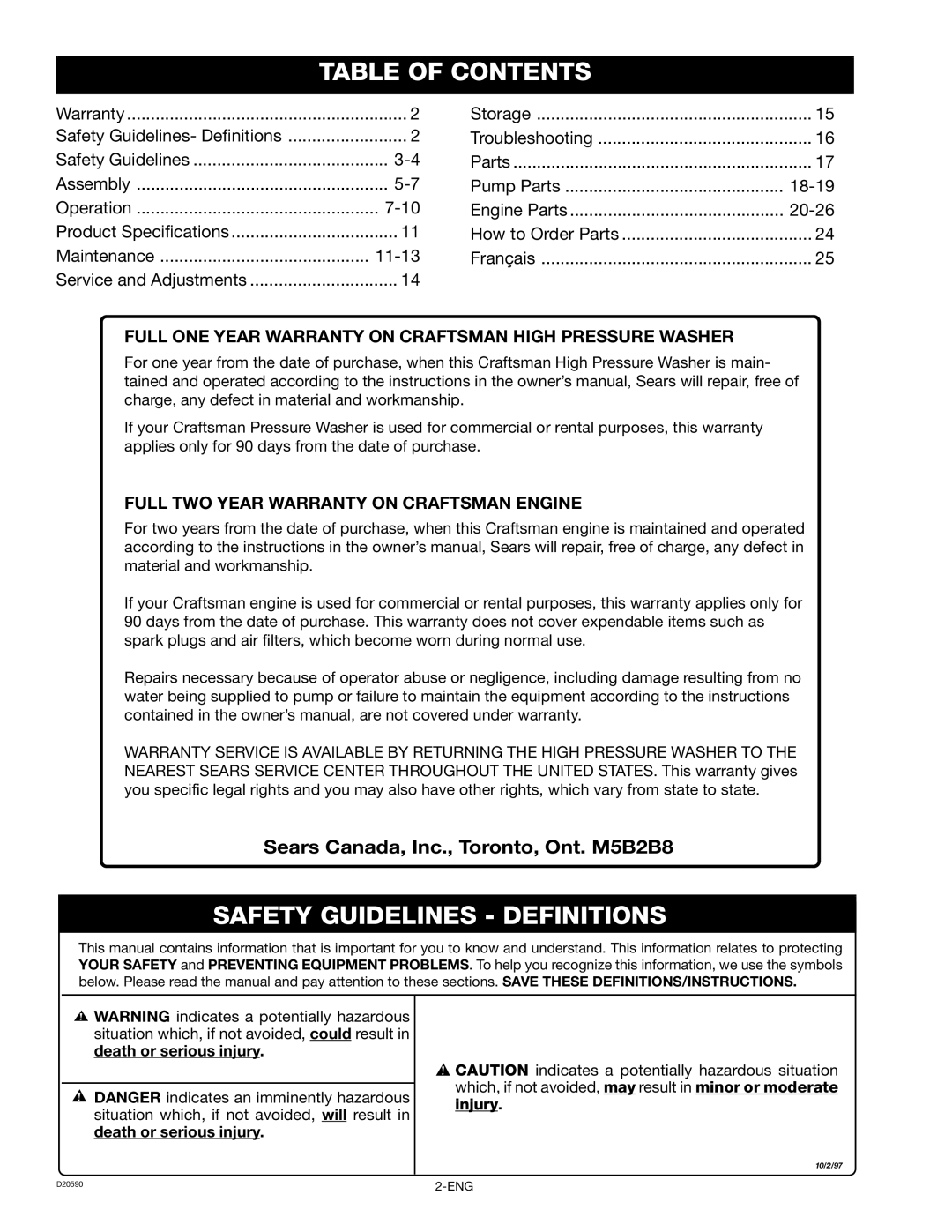 Craftsman 919.670280, D20590 owner manual Table of Contents, Safety Guidelines Definitions 