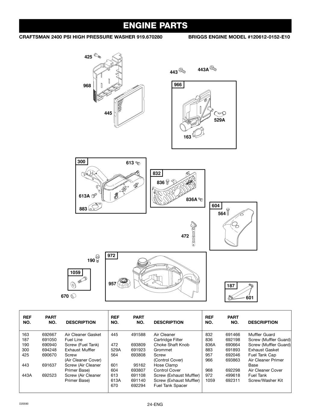 Craftsman 919.670280, D20590 owner manual 425 443 443A 