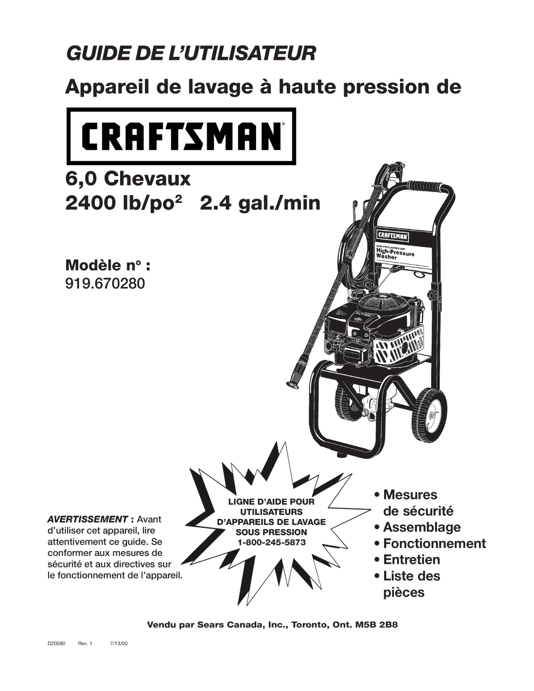 Craftsman D20590, 919.670280 owner manual Guide DE L’UTILISATEUR, Ligne D’AIDE Pour Utilisateurs ’APPAREILS DE Lavage 