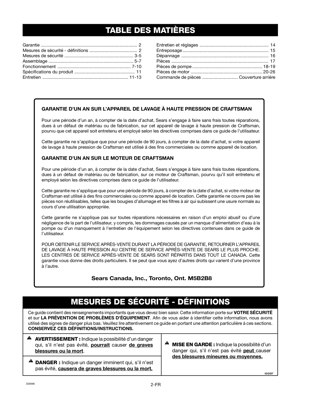 Craftsman 919.670280, D20590 Table DES Matières, Mesures DE Sécurité Définitions, Sears Canada, Inc., Toronto, Ont. M5B2B8 