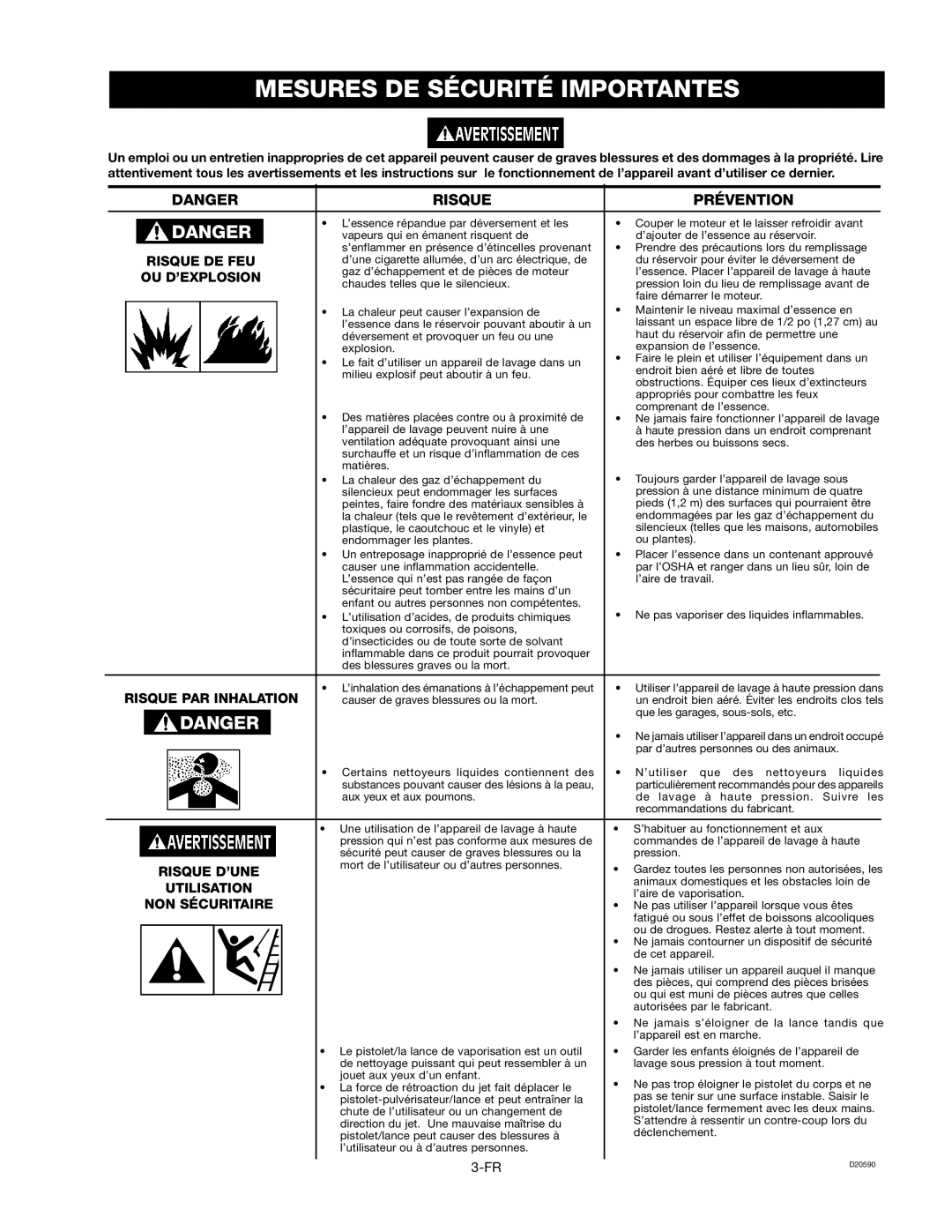 Craftsman D20590, 919.670280 owner manual Mesures DE Sécurité Importantes, Risque Prévention 