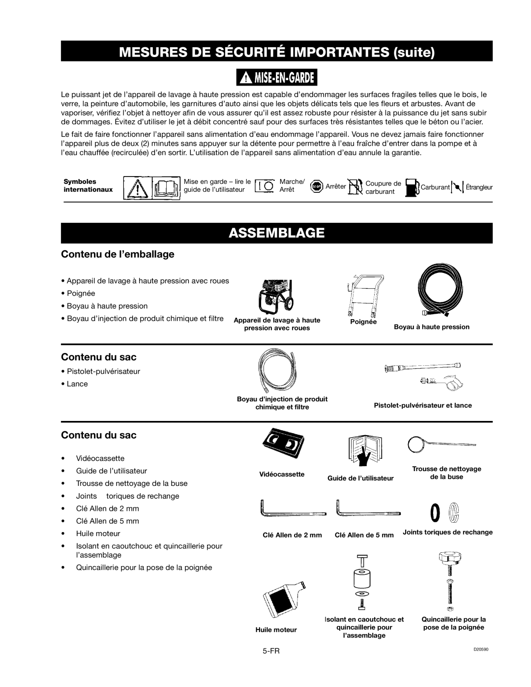 Craftsman D20590, 919.670280 owner manual Assemblage, Contenu de l’emballage, Contenu du sac 