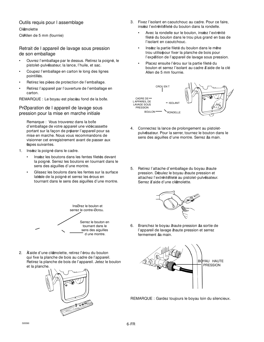 Craftsman 919.670280, D20590 owner manual Outils requis pour l’assemblage, Préparation de l’appareil de lavage sous 