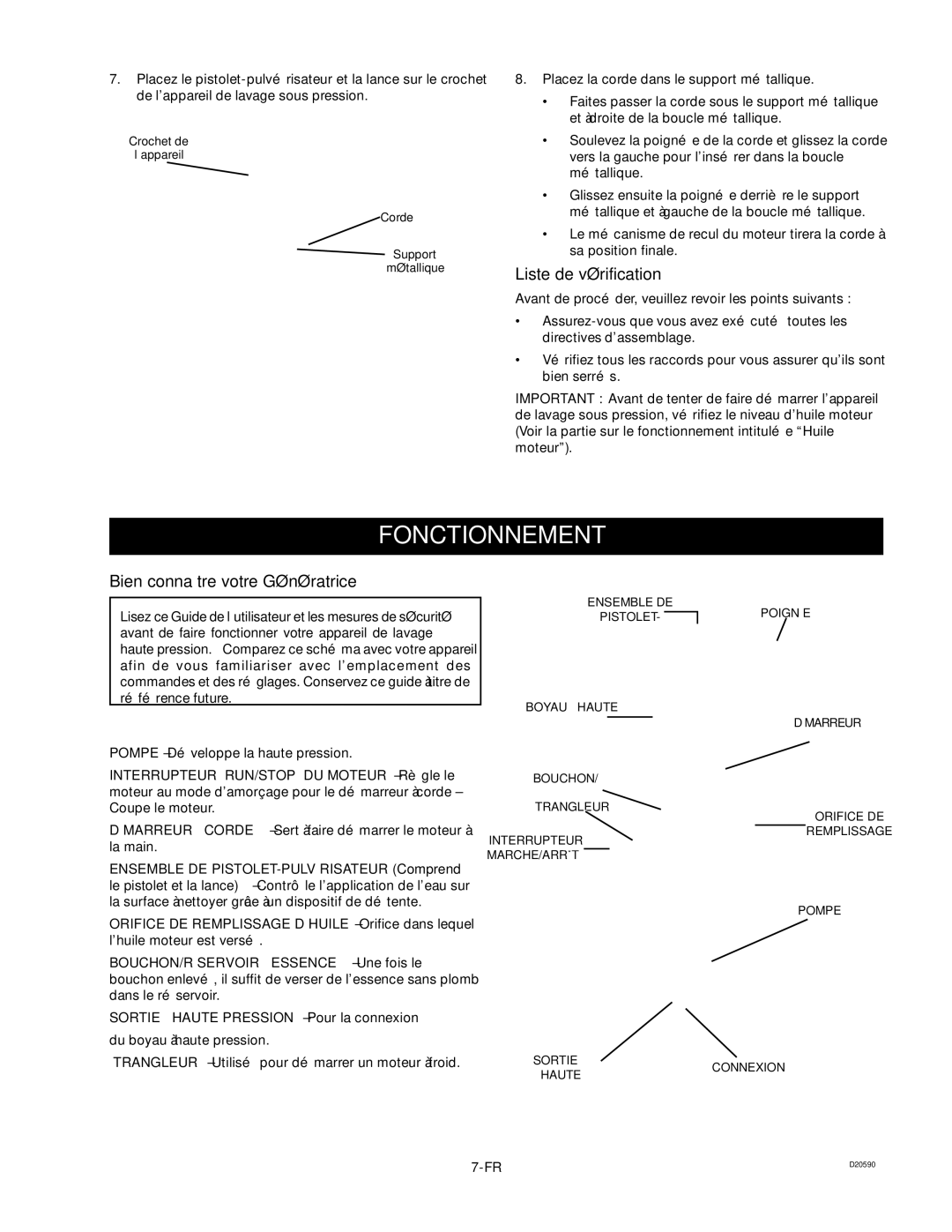 Craftsman D20590, 919.670280 owner manual Fonctionnement, Liste de vérification, Bien connaître votre Génératrice 