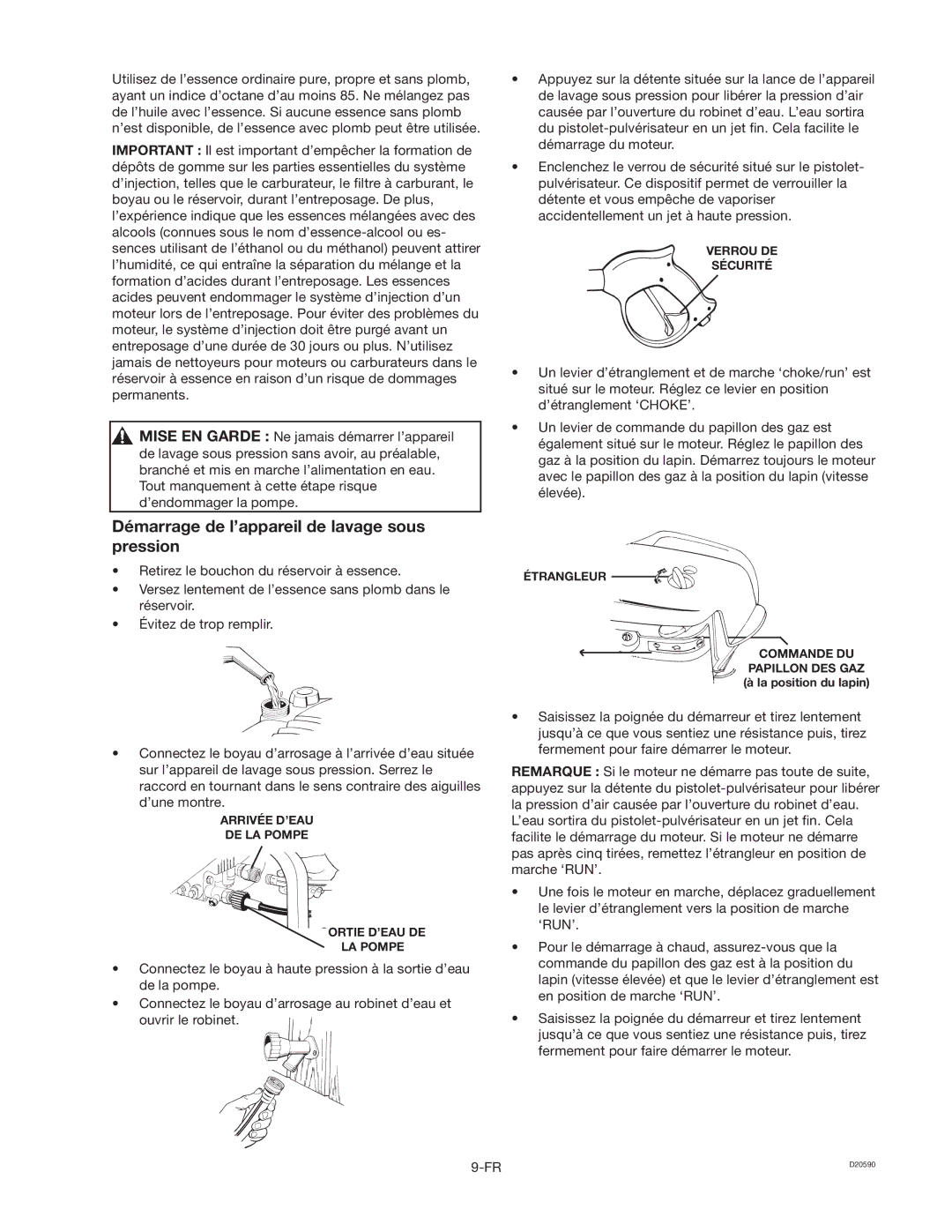 Craftsman D20590, 919.670280 owner manual Démarrage de l’appareil de lavage sous pression 