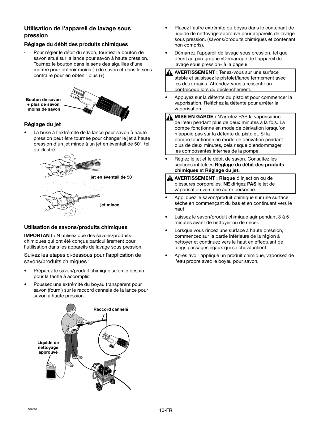 Craftsman 919.670280, D20590 Utilisation de l’appareil de lavage sous pression, Réglage du débit des produits chimiques 