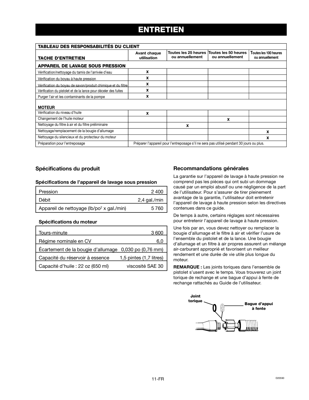 Craftsman D20590, 919.670280 owner manual Entretien, Spécifications du produit, Recommandations générales 