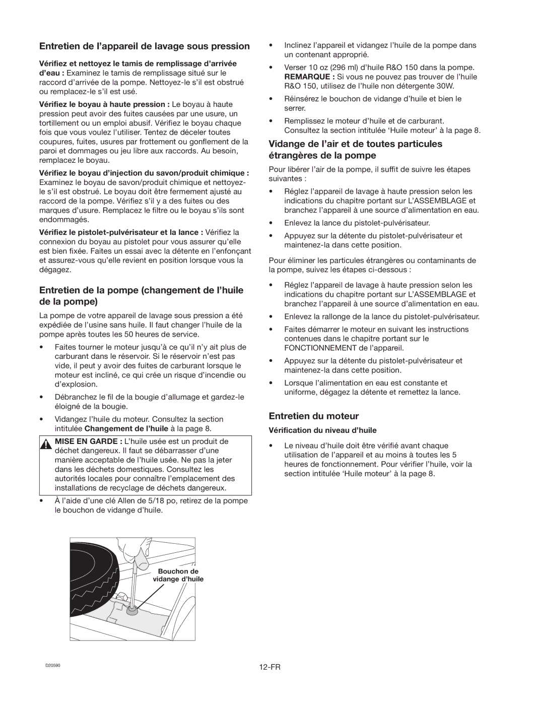 Craftsman 919.670280, D20590 owner manual Entretien de l’appareil de lavage sous pression, Entretien du moteur 