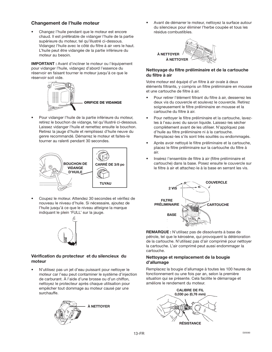 Craftsman D20590, 919.670280 Changement de l’huile moteur, Vérification du protecteur et du silencieux du moteur 