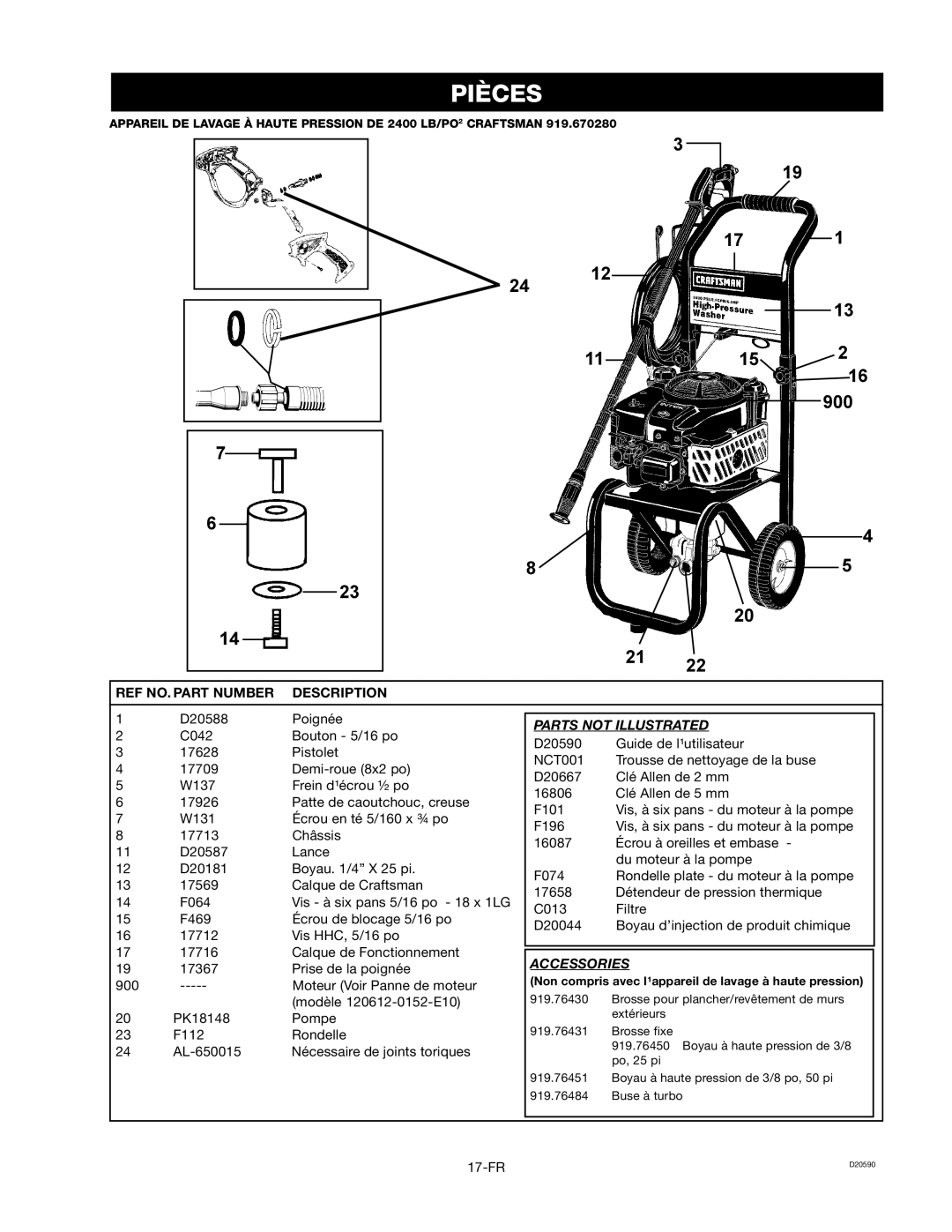 Craftsman D20590, 919.670280 owner manual Pièces, F112 Rondelle AL-650015 Nécessaire de joints toriques 