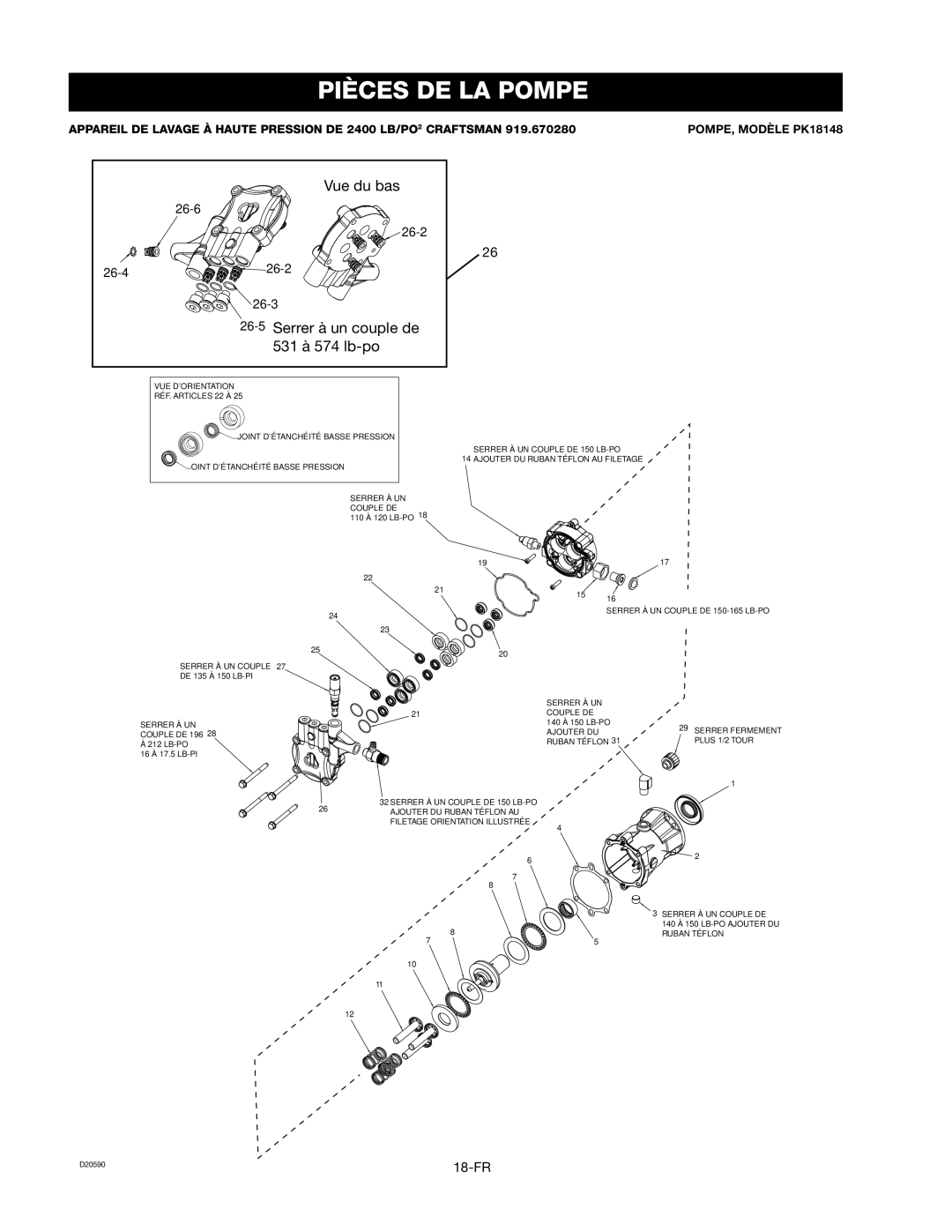 Craftsman 919.670280, D20590 owner manual Pièces DE LA Pompe, 26-5Serrer à un couple de 531 à 574 lb-po 