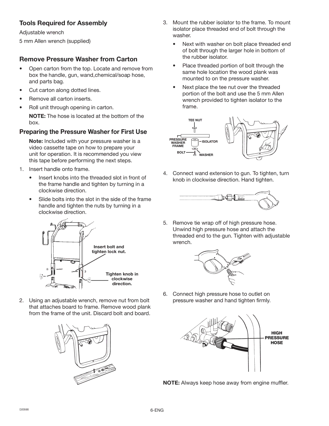 Craftsman 919.670280, D20590 owner manual Tools Required for Assembly, Remove Pressure Washer from Carton 