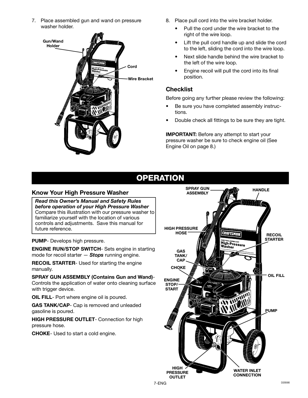 Craftsman D20590, 919.670280 owner manual Operation, Checklist, Know Your High Pressure Washer 