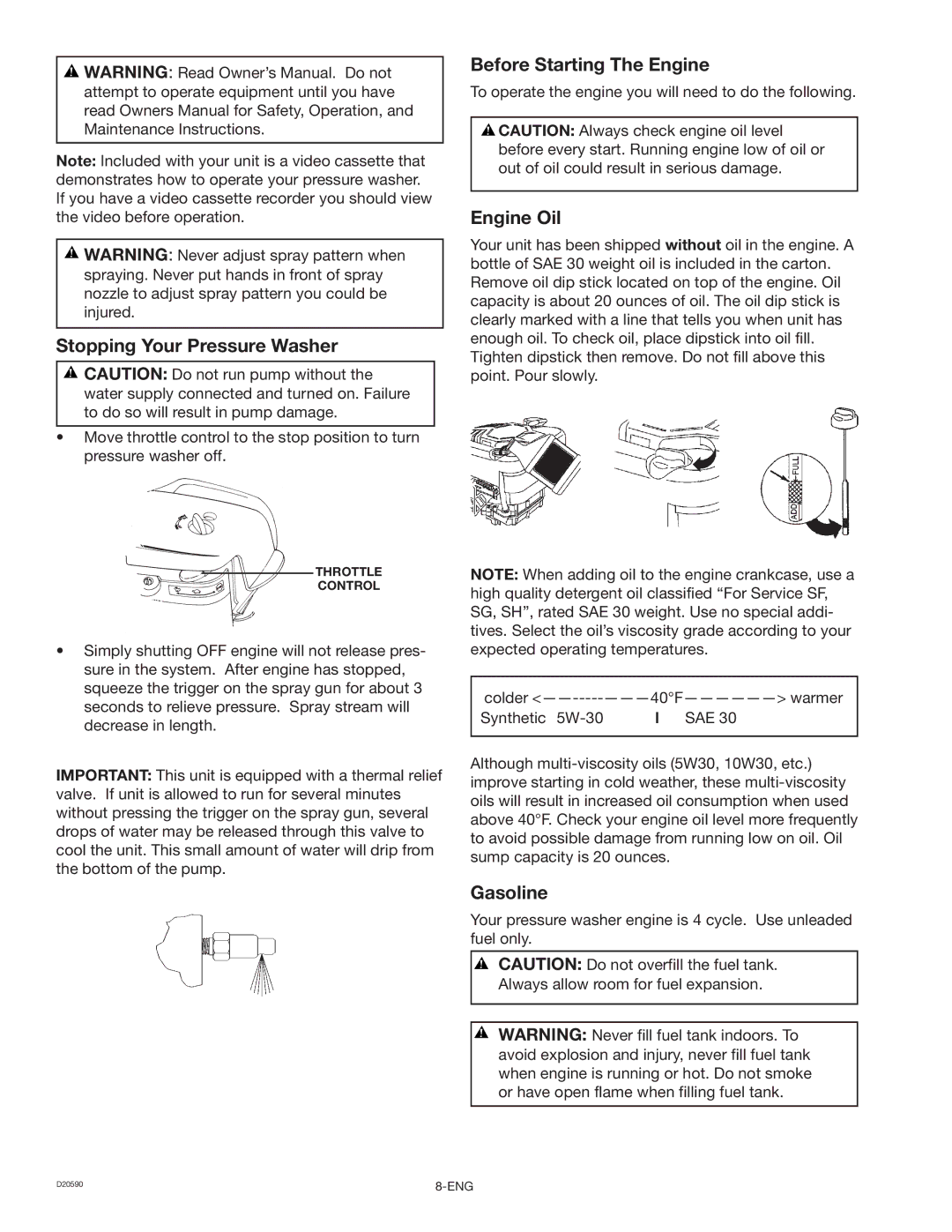 Craftsman 919.670280, D20590 owner manual Stopping Your Pressure Washer, Before Starting The Engine, Engine Oil, Gasoline 