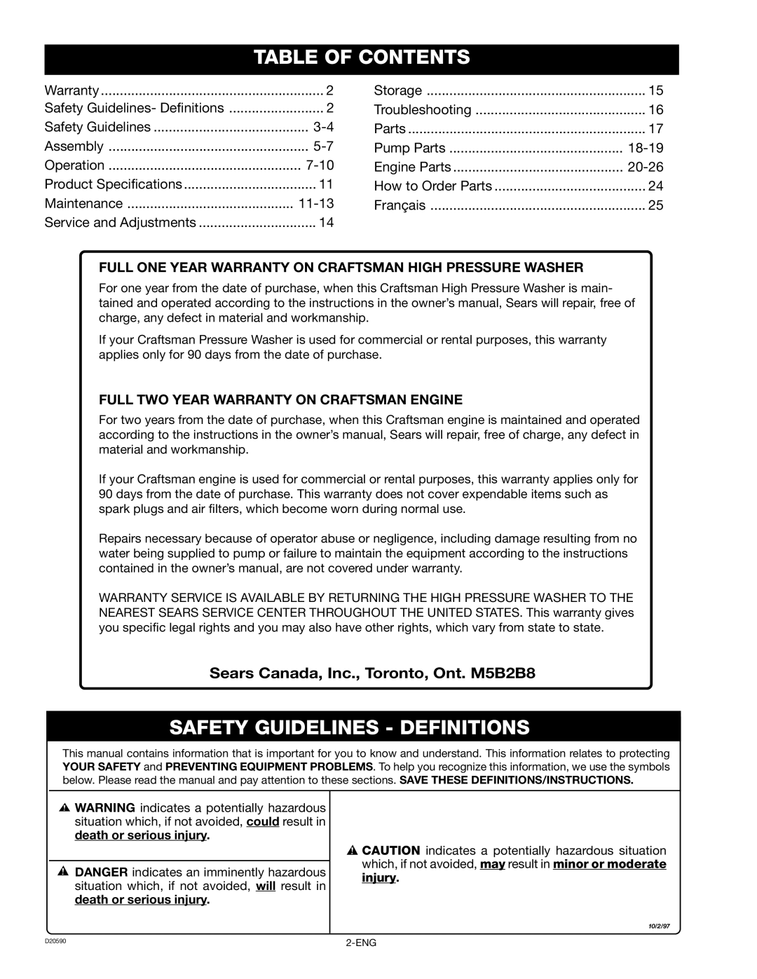 Craftsman 919.670280, D20590 Table Of Contents, Safety Guidelines - Definitions, Sears Canada, Inc., Toronto, Ont. M5B2B8 