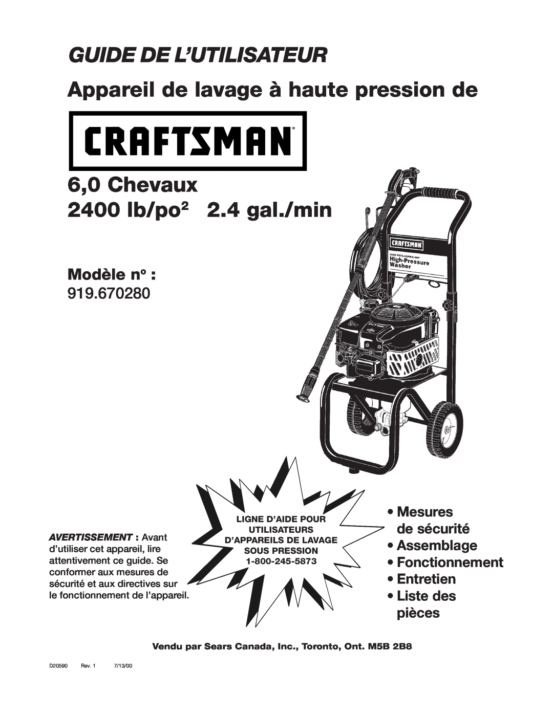 Craftsman D20590 Guide De L’Utilisateur, Appareil de lavage à haute pression de, 6,0 Chevaux 2400 lb/po2 2.4 gal./min, Rev 