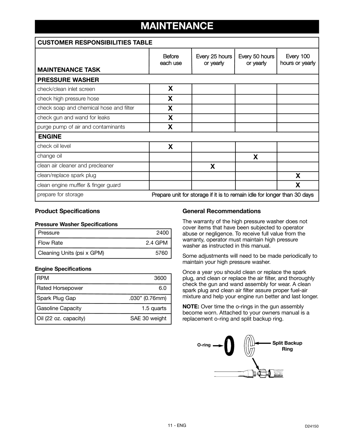 Craftsman D2415, 919.670281 Maintenance, Product Specifications, General Recommendations, Pressure Washer Specifications 