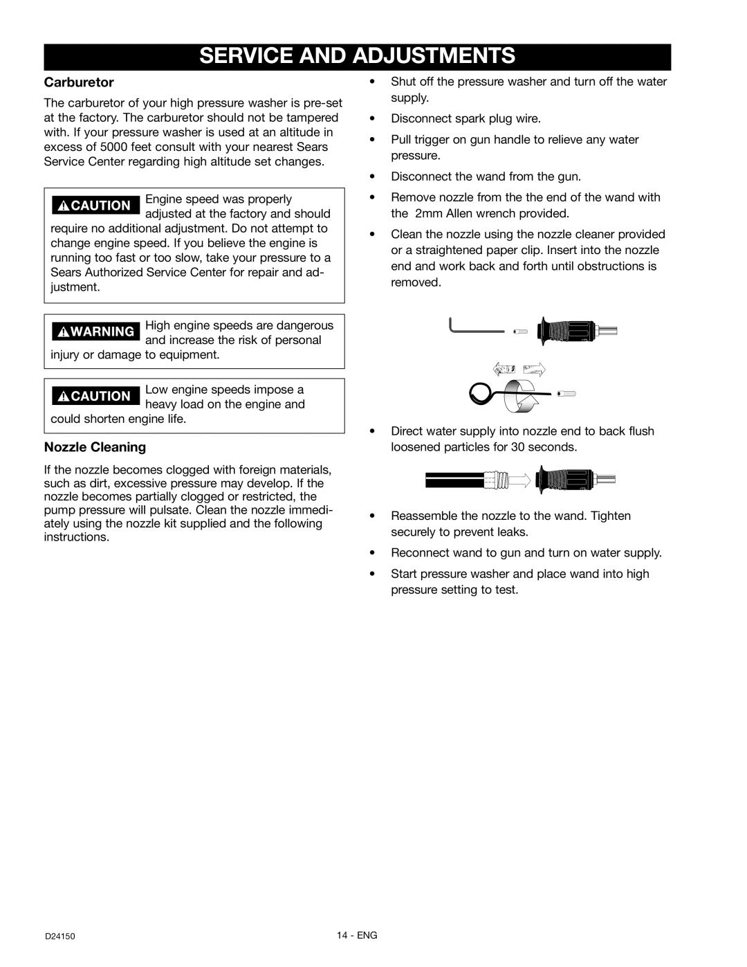 Craftsman 919.670281, D2415 owner manual Service and Adjustments, Carburetor, Nozzle Cleaning 