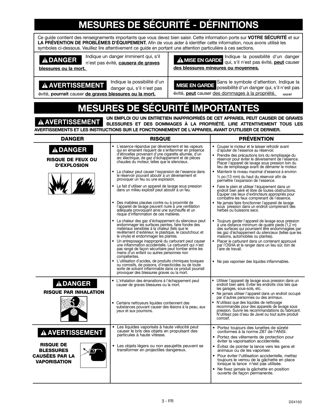 Craftsman D2415, 919.670281 owner manual Mesures DE Sécurité Définitions, Mesures DE Sécurité Importantes 