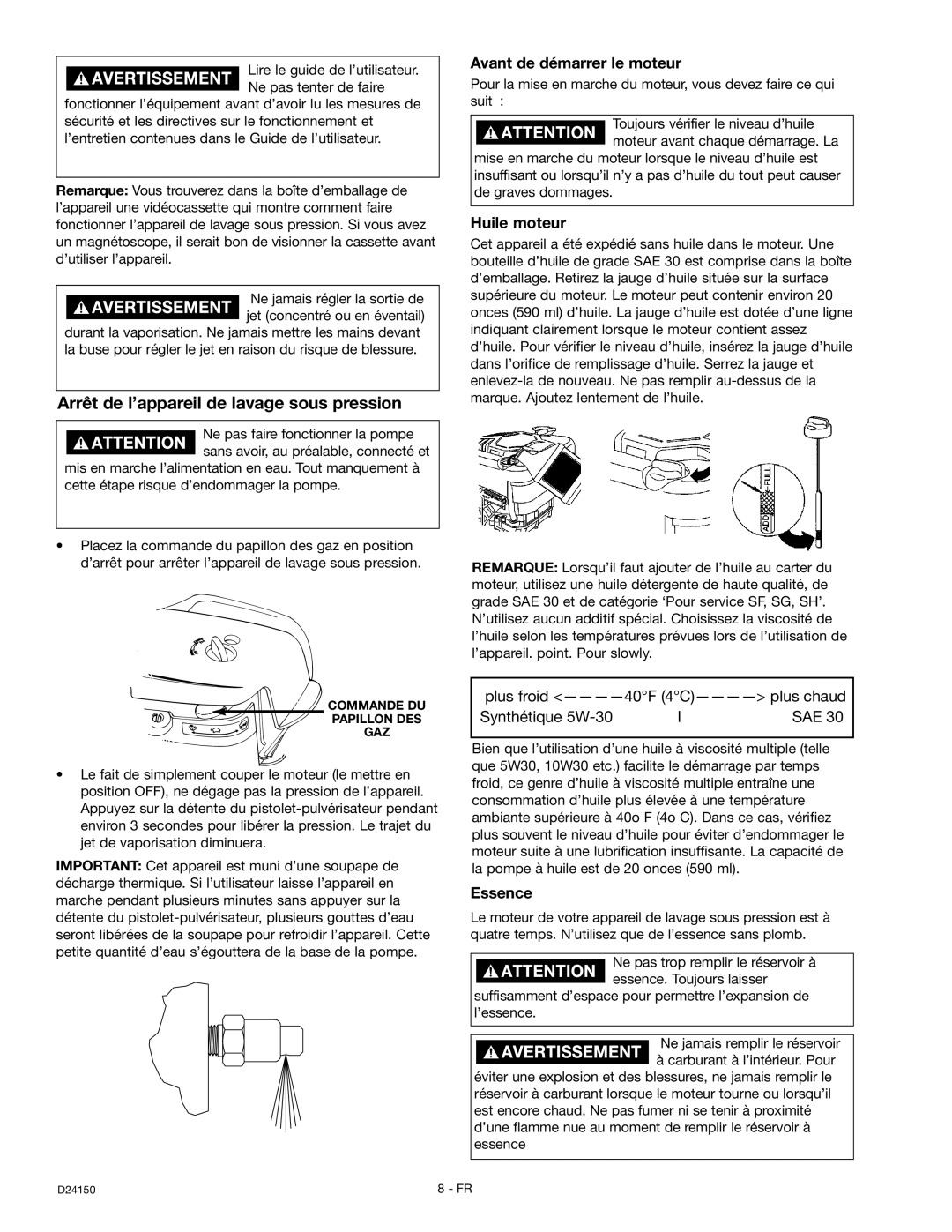 Craftsman 919.670281 Arrêt de l’appareil de lavage sous pression, Avant de démarrer le moteur, Huile moteur, Essence 