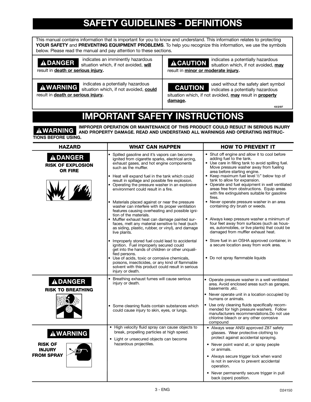 Craftsman D2415, 919.670281 owner manual Safety Guidelines Definitions, Important Safety Instructions 